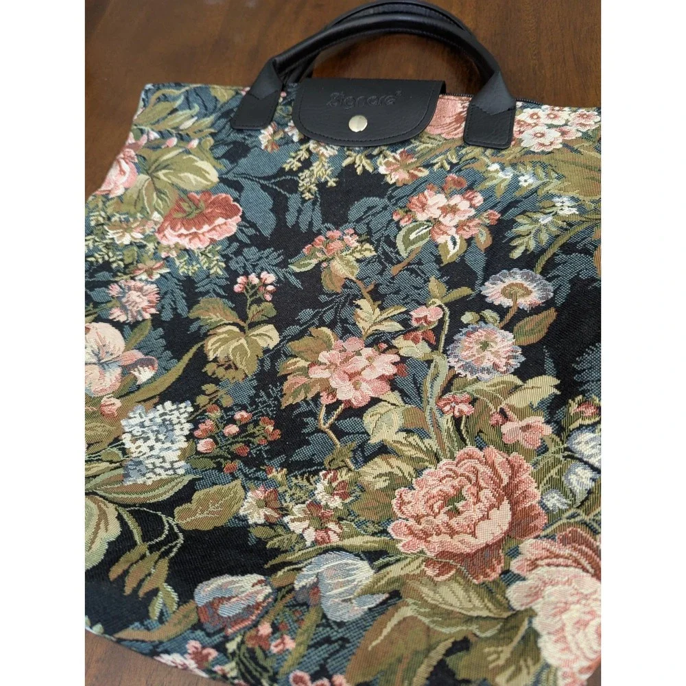 Signare Woven Tapestry Folding Reusable Shopping Bag Peony Flower Design Artsy